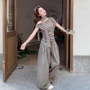 韩又酷又飒穿搭套装夏天新款条纹一字肩系衣阔C191-E77腿上裤两女