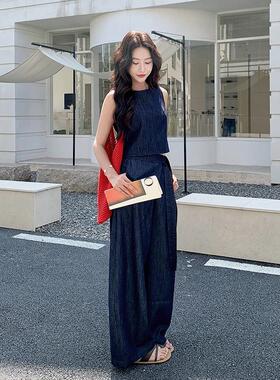 老钱风级无2d075-66马甲阔腿裤袖套装女夏季两新款深蓝色件套高感