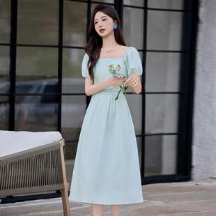 温柔系腰收BL2501-0连衣女裙夏季新款方衣领气质泡泡袖收腰连裙