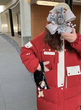 美复古撞色拼接红色保羽绒女中长款新款冬季式c05-110加厚暖外套