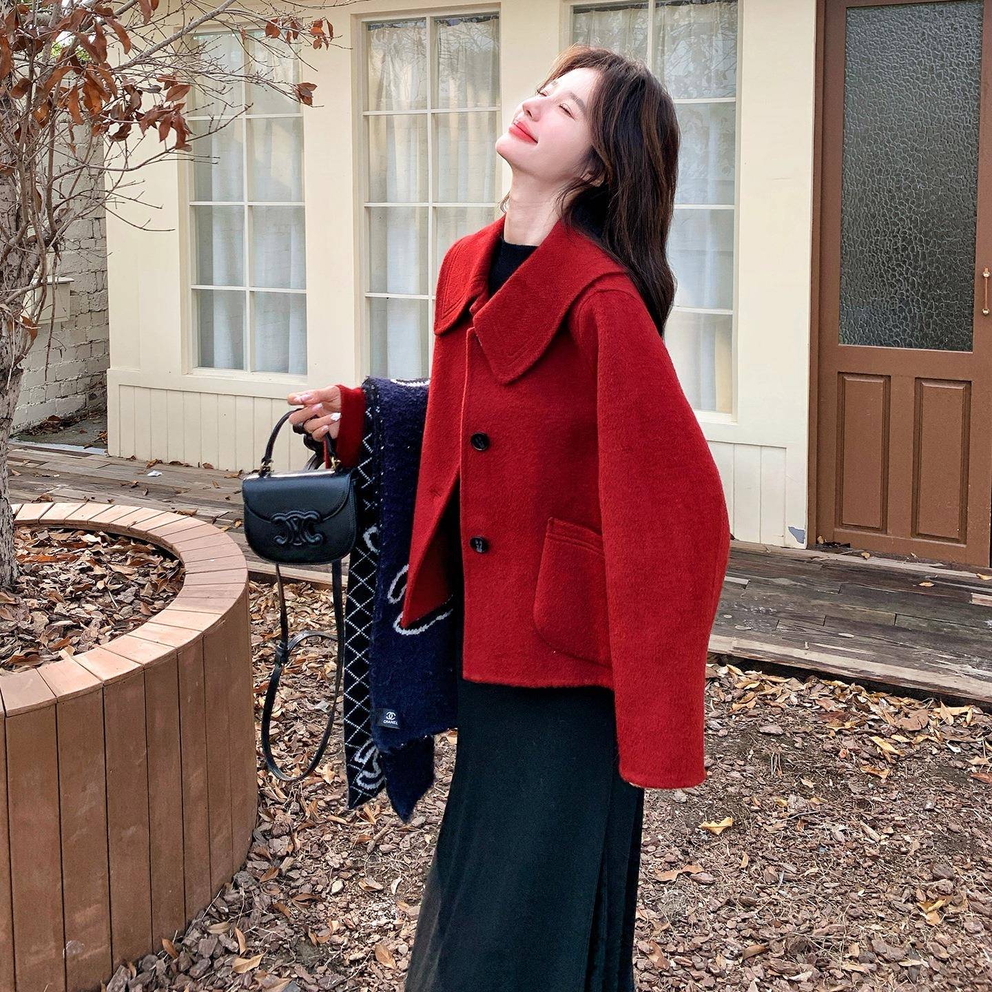 红色娃领双排双D115-C8面呢娃大衣女冬韩系宽松扣显瘦百新搭毛呢