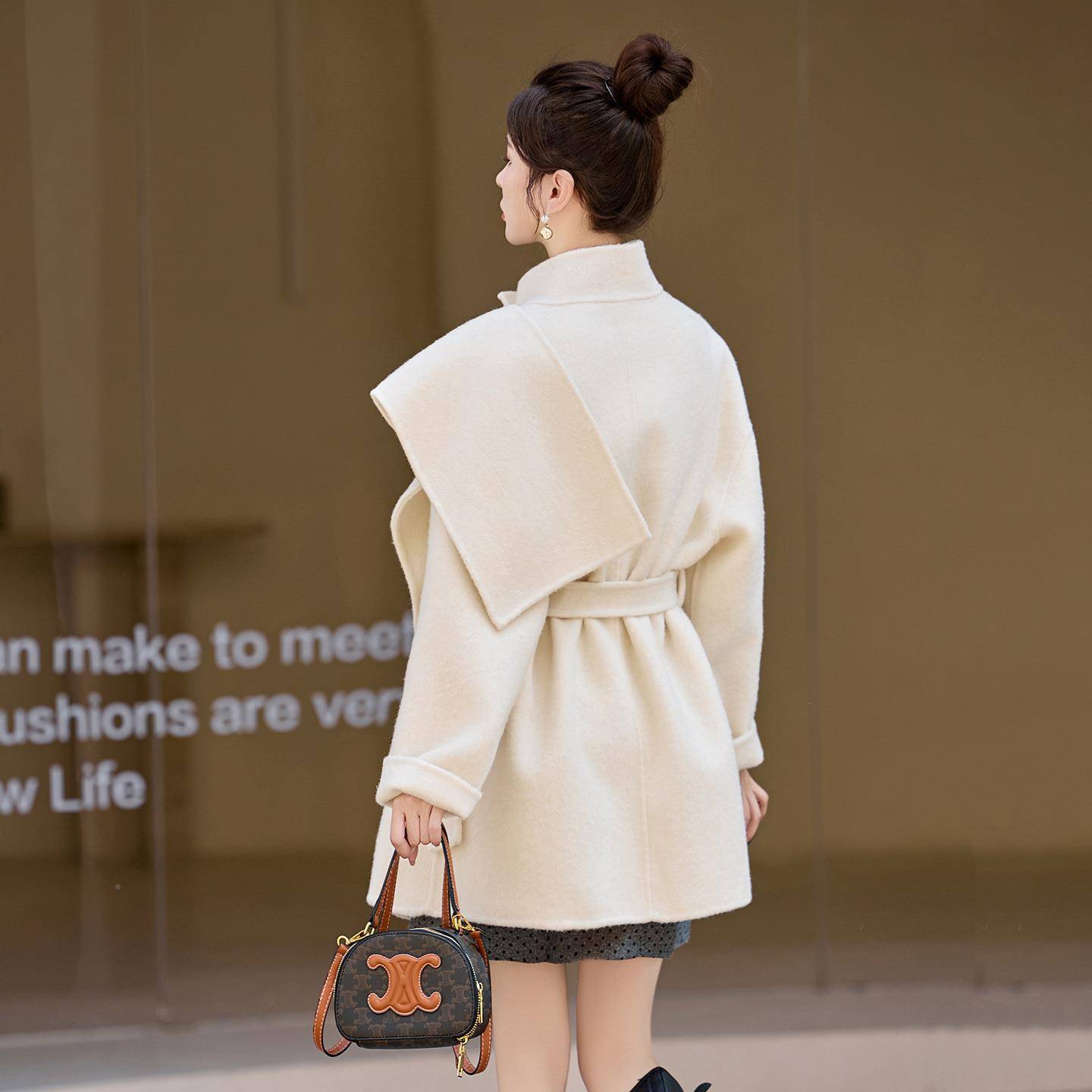 小个子赫本风款收ZQI2827X腰灰斗篷短气质色大衣女秋冬高毛级感羊