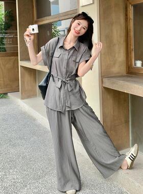时灰色飒穿搭休闲衬衫尚套装2b129-13女夏新款又薄款显瘦又阔腿裤