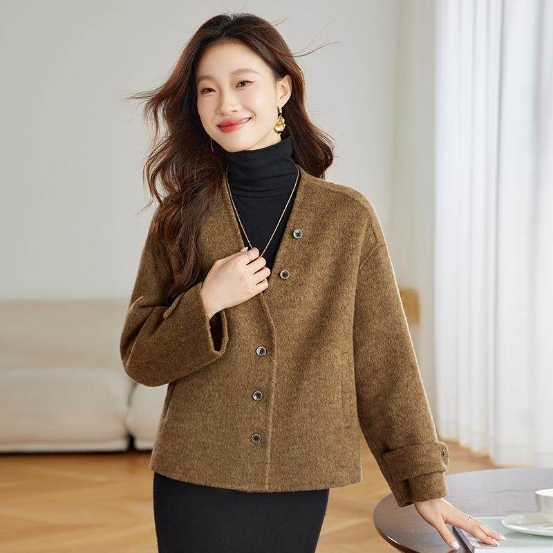 秋冬季H女2装新款可拆卸围ZH1120巾领小个子款气质双面羊毛呢外套