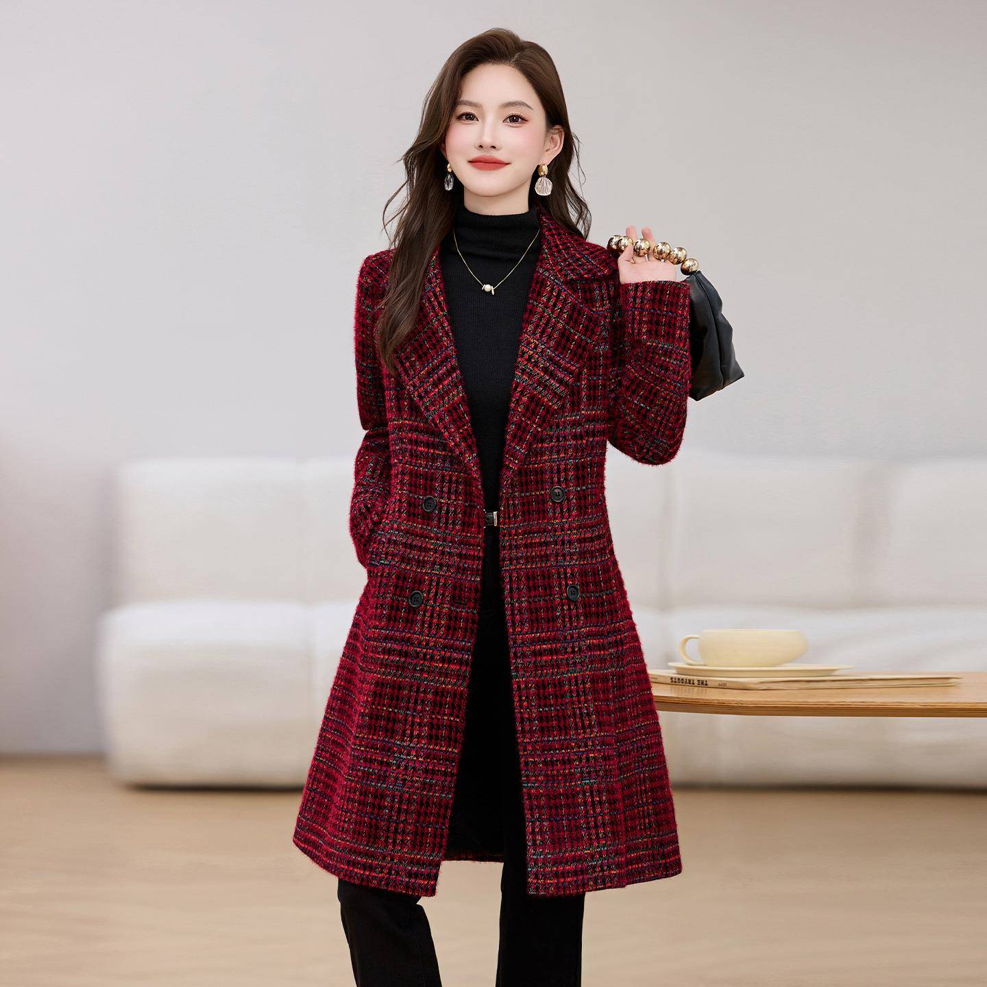 冬季新款小香风西LB9767-1毛呢外套松宽百棉搭气质格子夹大装衣