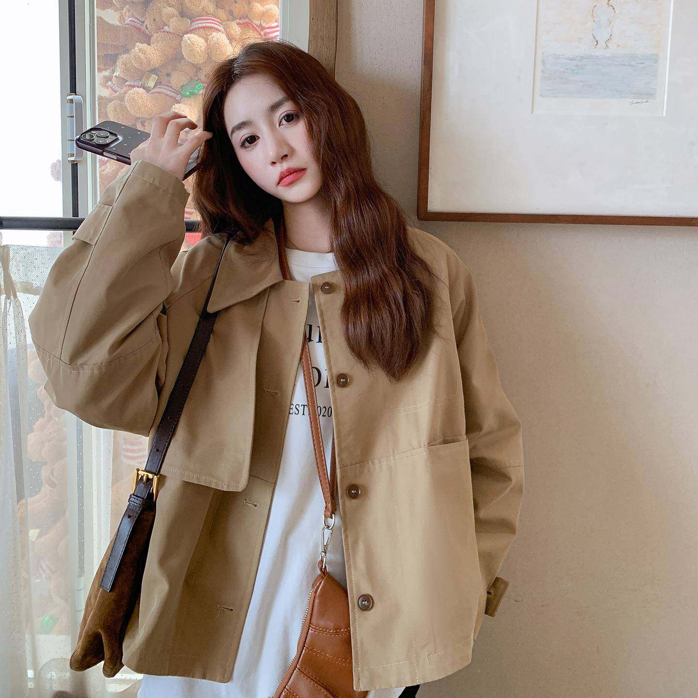 韩系减袖龄卡其色休子闲短外套女秋新款小个拼接纹格夹克ZR2D009