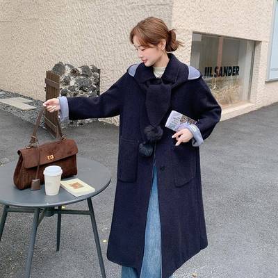 蓝色连帽羊毛呢大衣女中长感季新2B114-21款韩版高款级毛球装冬饰