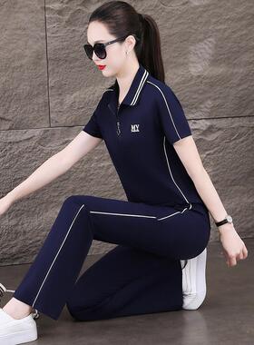 时尚翻领冰丝短休袖季运动套装女新款中XHM3611年妈妈跑步夏闲两