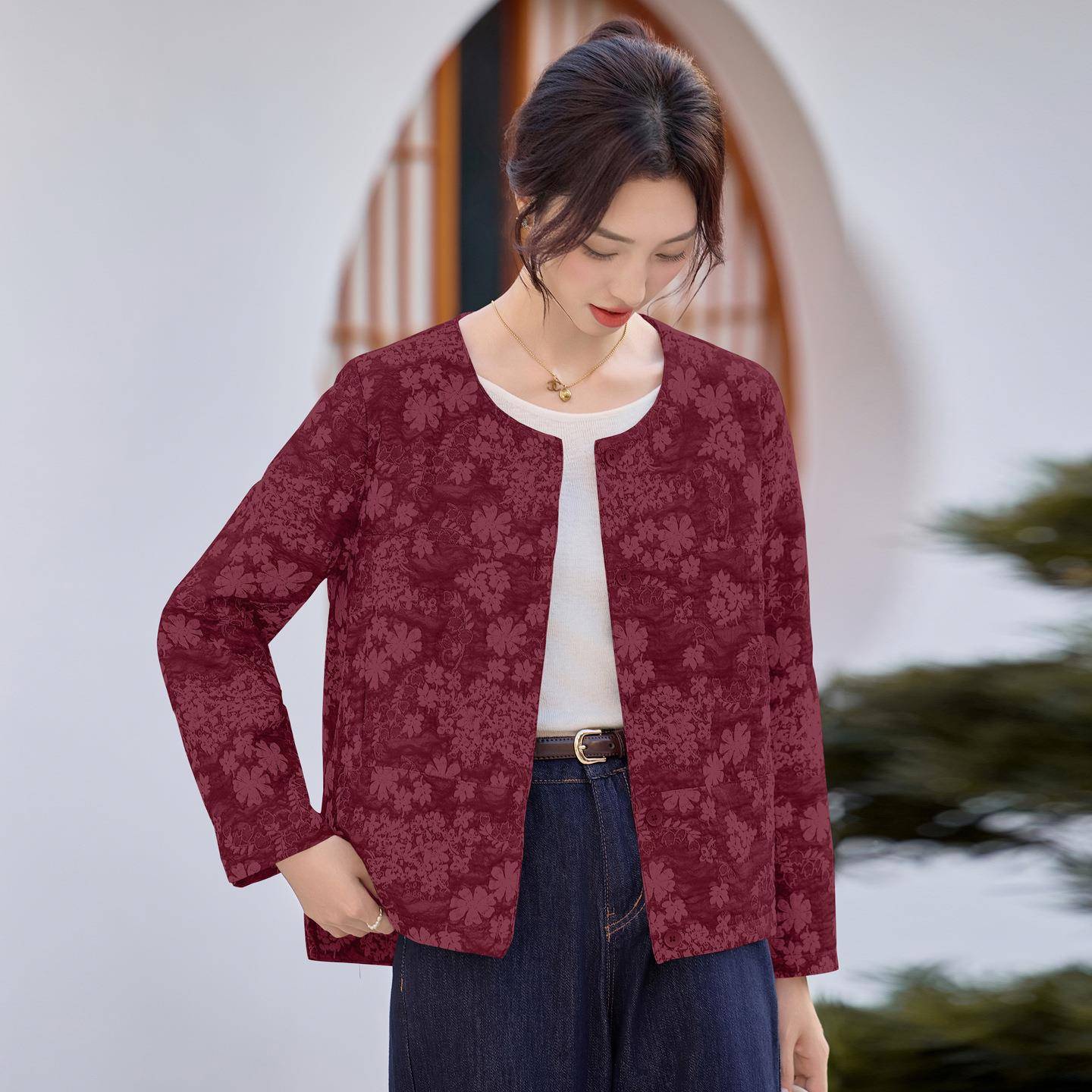 2花025秋季新款YU8983-0宽松搭气衣质上新中式国风圆领提外套女