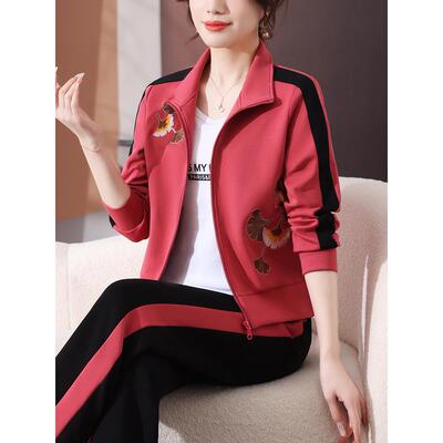 运动装女秋年新款时套尚绣花春闲减龄宽松休女76205款跑步服三件