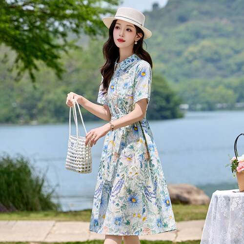 时尚印花裙夏季LB2730-0新款衣女高腰显瘦连百褶裙字中长裙