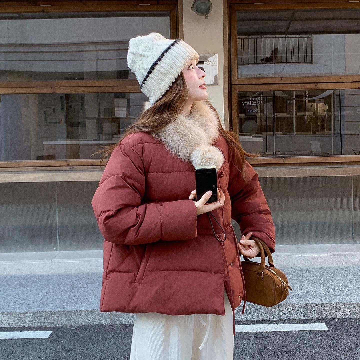 新式C9AX1狐狸毛领羽服女短款加厚真小个中子外绒套