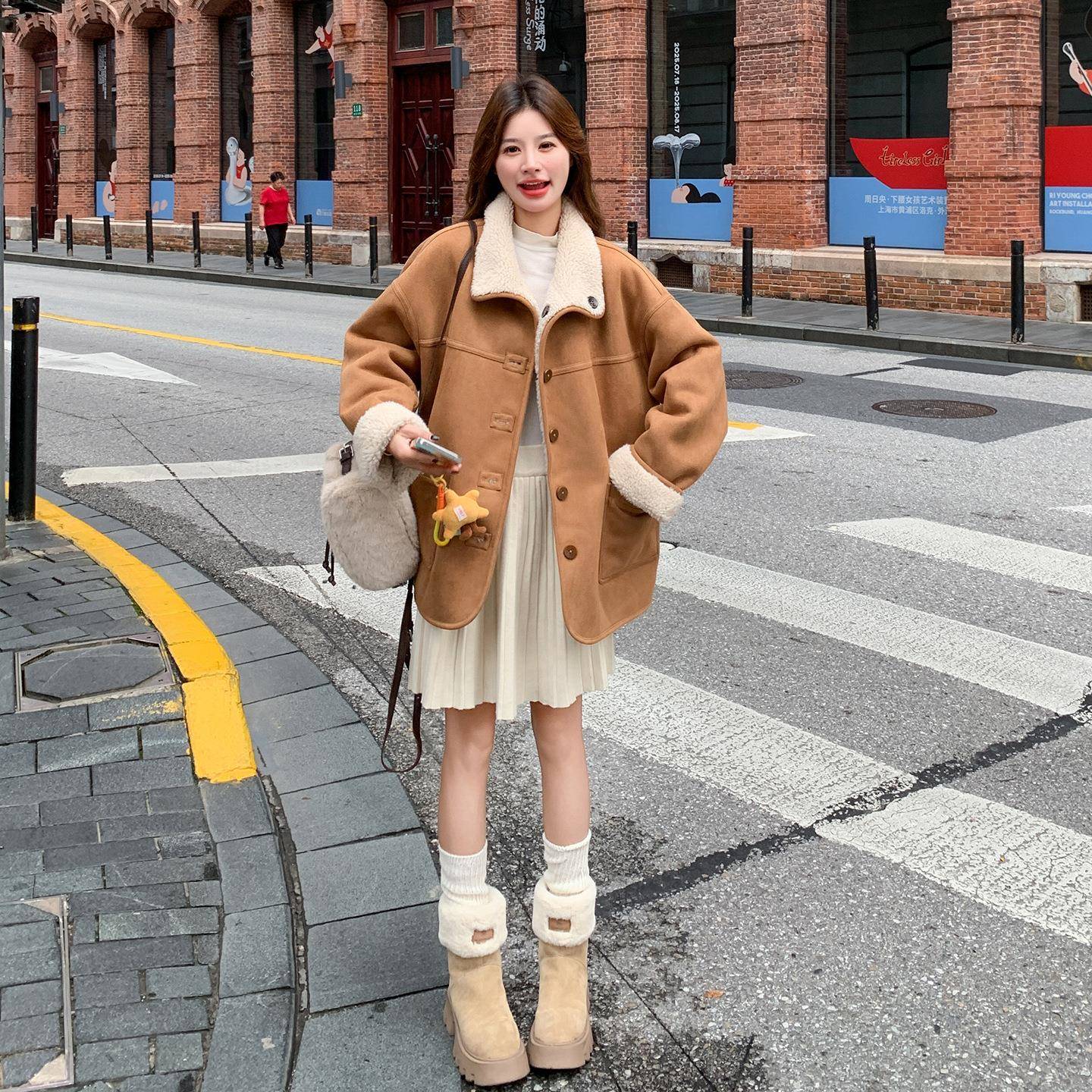 卡其看色两面穿皮毛一体羊羔毛外D078-Y套仿冬季好复古加厚绒棉加