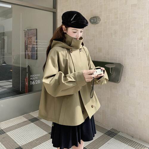 卡其绿帽韩版B187-K09学风小个子短风裤衣女秋新款休闲显连瘦减龄