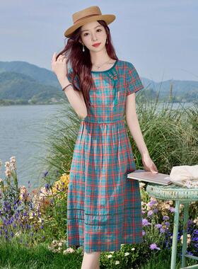 SY2717-0夏新款复古短圆领格子口袋袖连衣裙女显宽松有瘦字裙