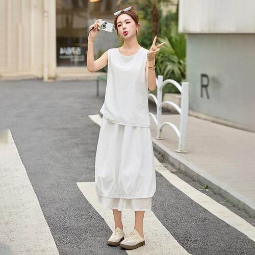 夏HE5048-0季款无袖宽两松背心纯色百搭圆领新上女衣半裙件套裙