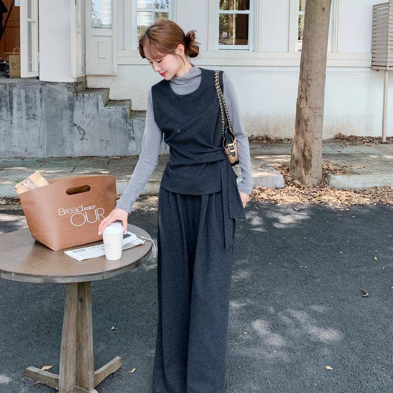 韩系级感内穿带搭套装女秋新C20-55款高级感系背心搭阔高腿裤三件