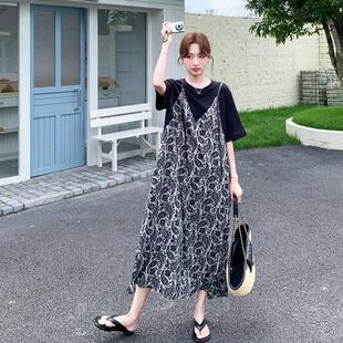 版宽松慵休懒风印花连衣裙女夏款长新韩裙闲假c196-697两件吊带恤