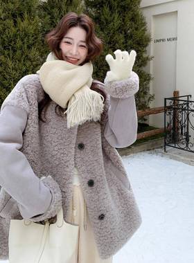 灰色韩系高一感b06-AW1廓形羊羔毛外套女新级气质保暖仿款皮毛体