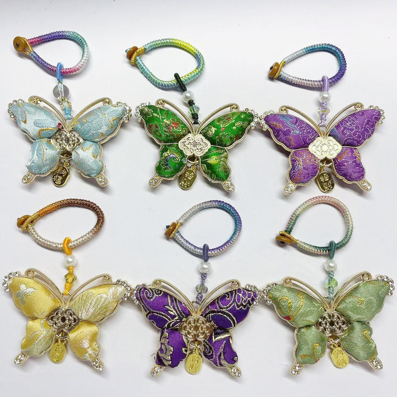 国潮宋锦双面刺绣蝴蝶挂件手工制作招财纳福车挂钥匙扣包包挂饰