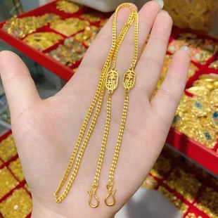 沙金幸福字牌双钩项链双勾链条毛衣链大吊坠链子长款气质百搭女款