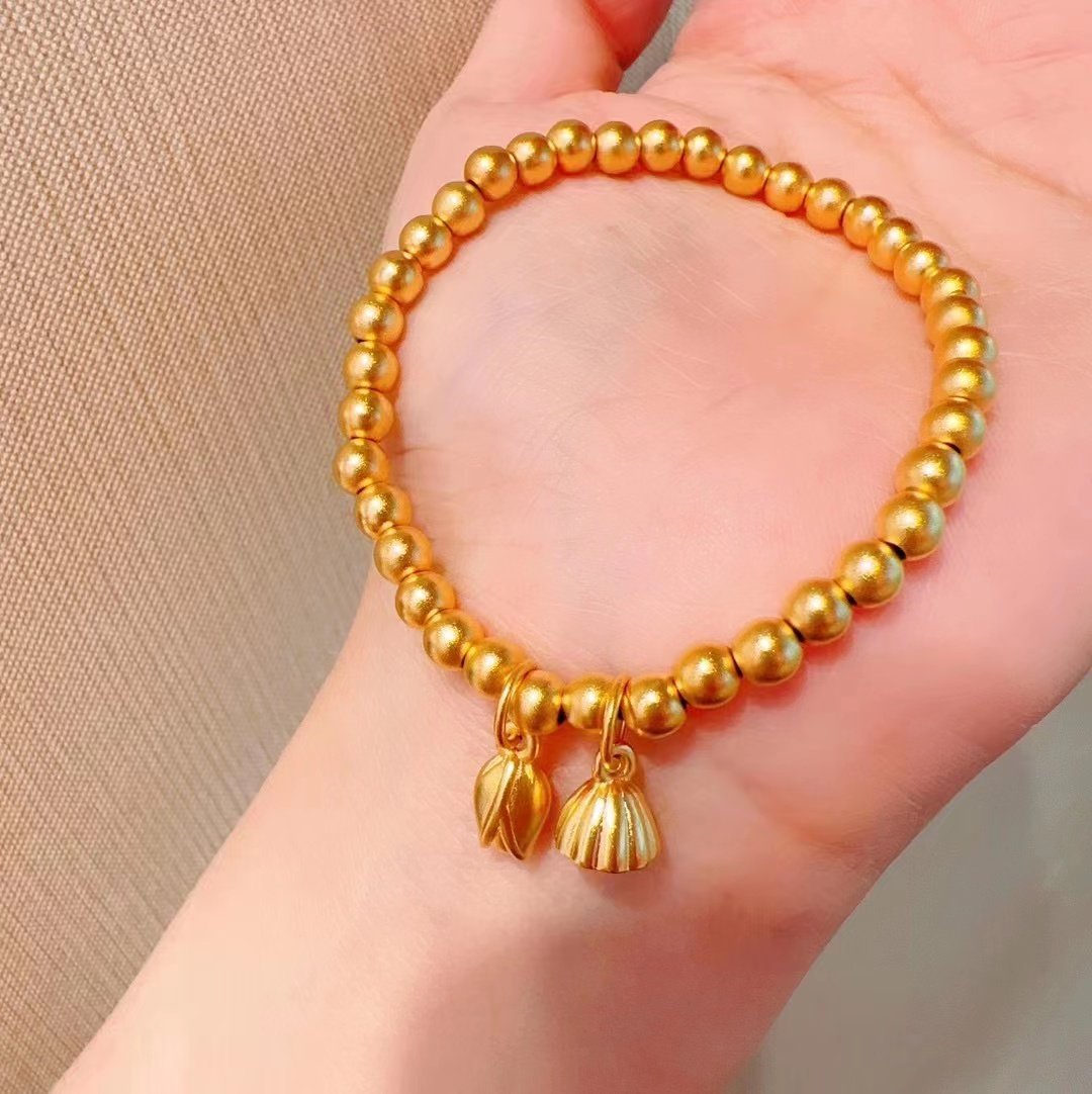 古法沙金两世欢手串女莲花莲蓬手链松紧款时尚气质百搭饰品礼物