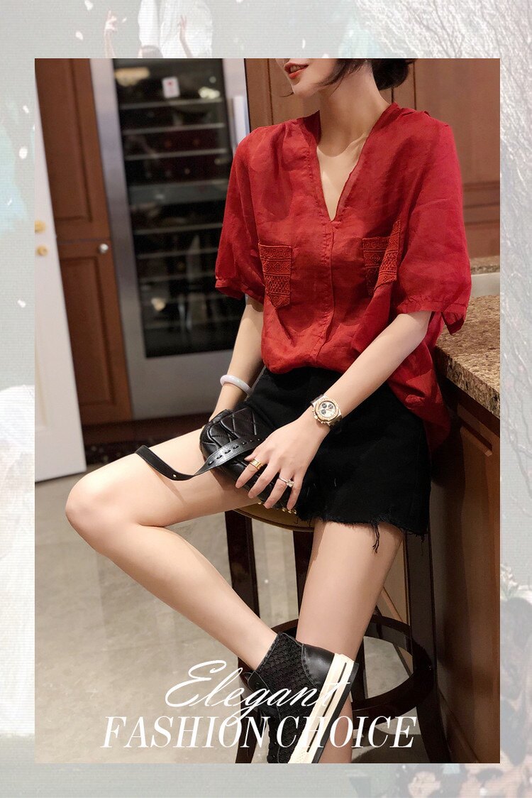 棉麻衬衫女薄欧洲站夏装2024新品欧货女装宽松时尚洋气V领上衣潮