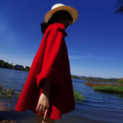 短款斗篷大衣宽松设计感小众复古小个子红色双面羊绒羊毛呢子外套