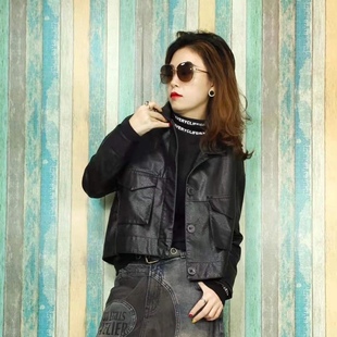 宽松显瘦翻领暗扣皮衣潮 新款 休闲百搭大口袋皮外套女 2024秋季