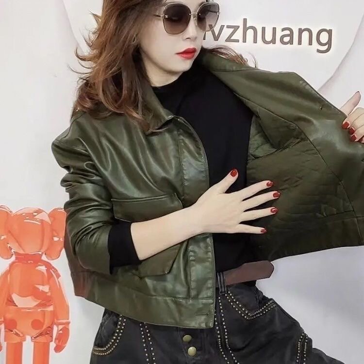 欧洲站2024春季新款时尚经典休闲宽松百搭洋气纯色夹克款皮外套女
