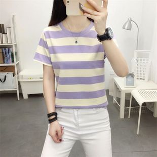 条纹 T恤纯棉vmm胖显瘦女装 夏装 领大码 藏肉肚子体恤宽松遮上衣短袖