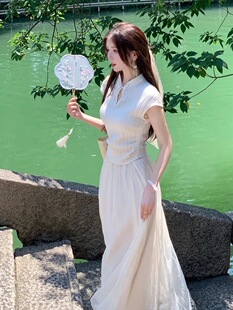 新中式肌理感盘扣短袖T恤雪纺衫女夏国风超仙气质衬衫半身裙套装