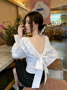露背蝴蝶结系带荷叶边白色衬衫女设计感小众法式u领锁骨短款上衣
