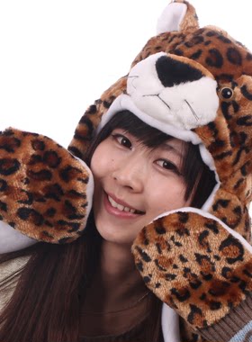 长款豹子帽子连体手套帽子动物帽子棕色长款非洲豹卡通帽子