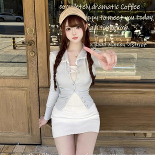 BBING甜饼 椰奶冰沙 浅蓝少女水手领针织开衫&蝴蝶结针织吊带裙