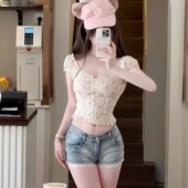 女复古小个子显腿长热裤 BBING甜饼 蕾丝拼接水洗牛仔柳钉低腰短裤