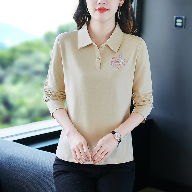 纯棉长袖t恤女春秋2025新款气质减龄妈妈POLO衫翻领百搭春装上衣