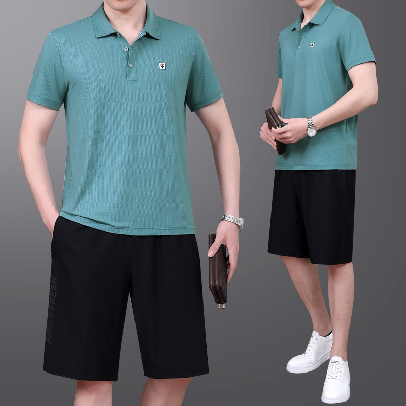 爸爸夏装冰丝运动套装男2026新款中老年短袖t恤父亲夏天速干衣服