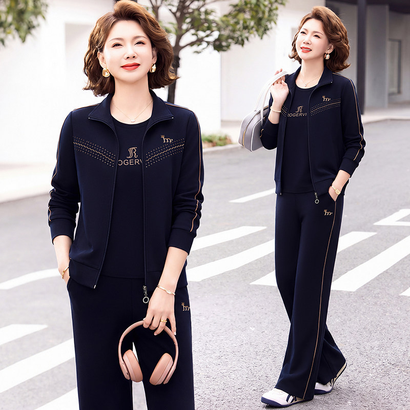 休闲运动套装女春秋2026新款宽松减龄显瘦洋气妈妈立领跑步三件套
