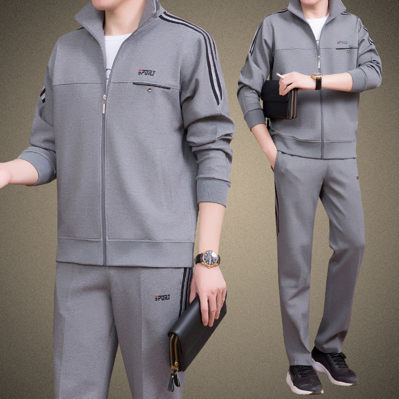 男士休闲运动套装春秋季中老年运动服爸爸春装运动套装三件套男装