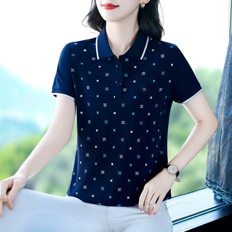 高端印花短袖t恤女宽松夏季韩版百搭大码中年妈妈上衣polo衫上衣