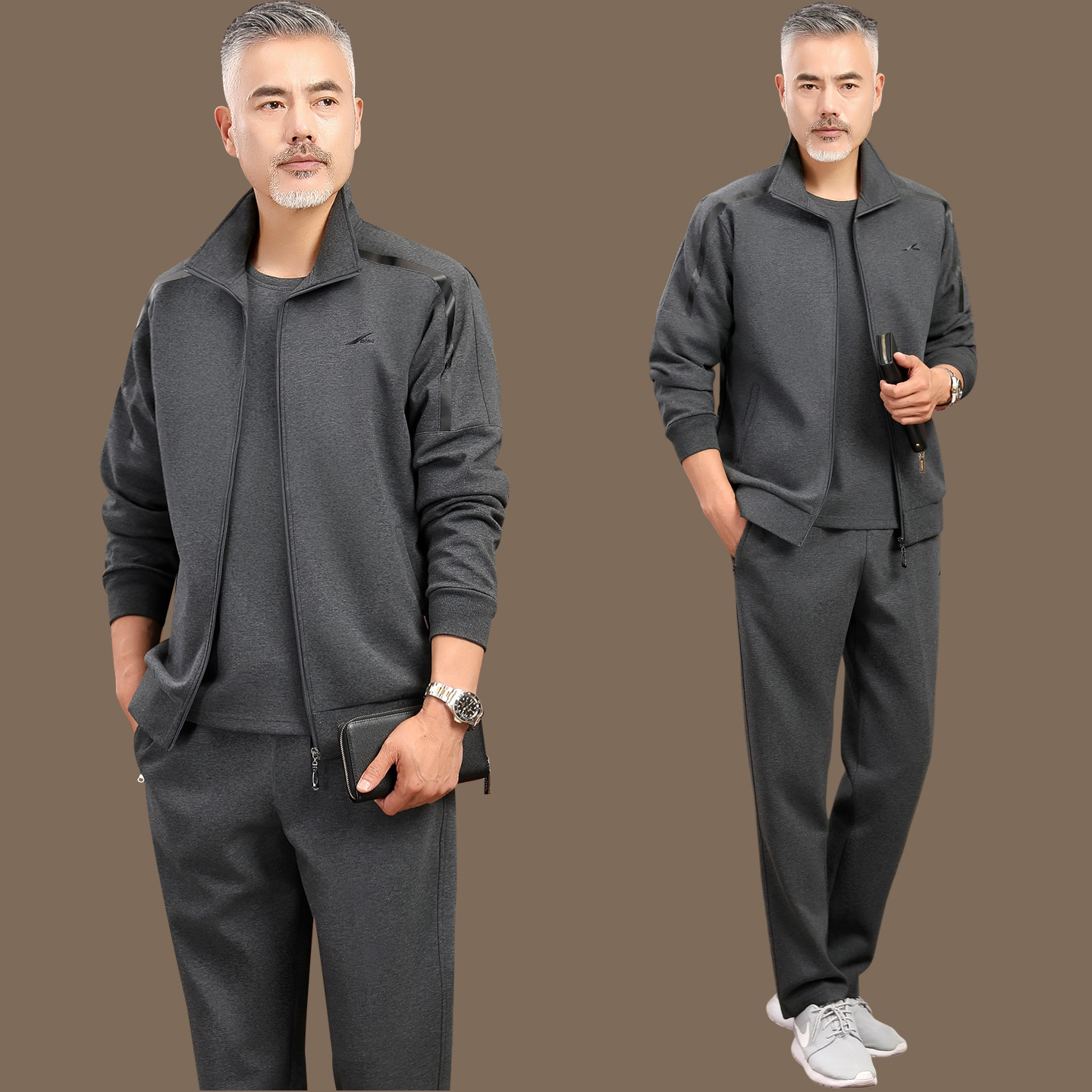 男士休闲运动套装春秋季中老年运动服爸爸春装运动套装三件套男装