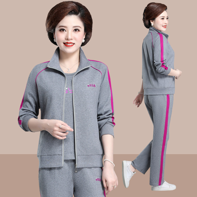 中年妈妈春装外套洋气大码夏季上衣三件套中老年春秋运动服套装女