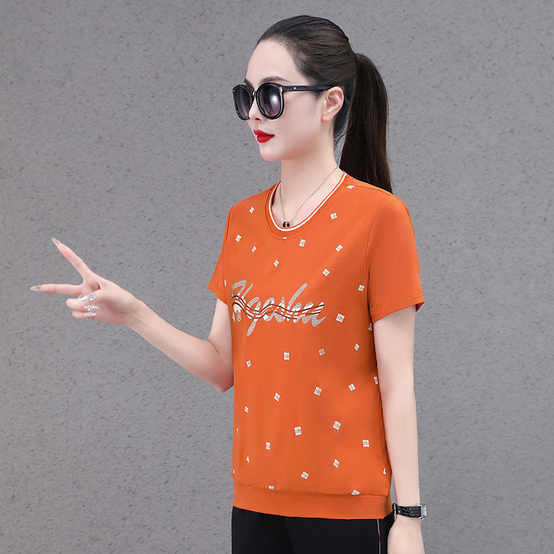 冰丝t恤女夏2025新款洋气时尚烫钻印花圆领短袖休闲百搭上衣爆款