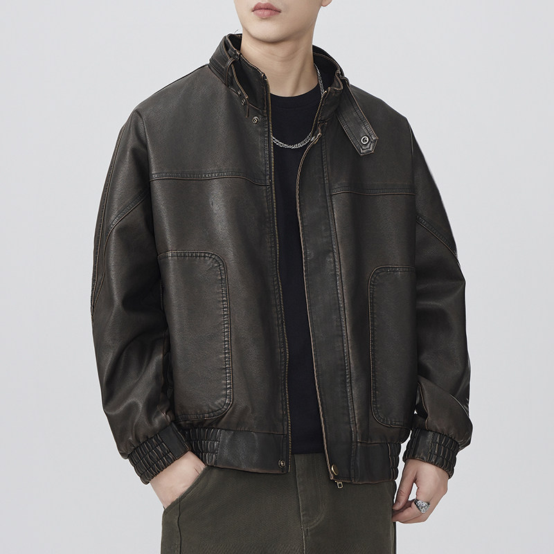 2025秋冬重工水洗皮衣外套男美式复古宽松翻领PU皮夹克新款上衣服