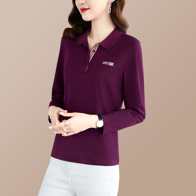 长袖t恤女春秋纯棉polo衫宽松大码中年妈妈休闲运动翻领上衣新款