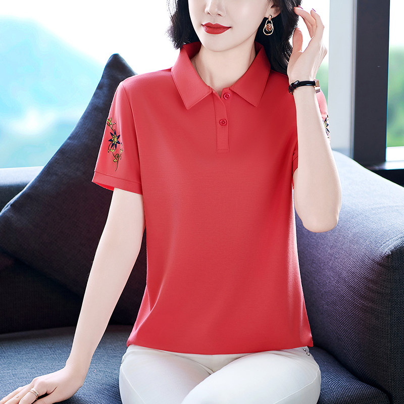 2025夏季新款短袖T恤女装翻领POLO衫妈妈洋气绣花上衣夏天薄半袖