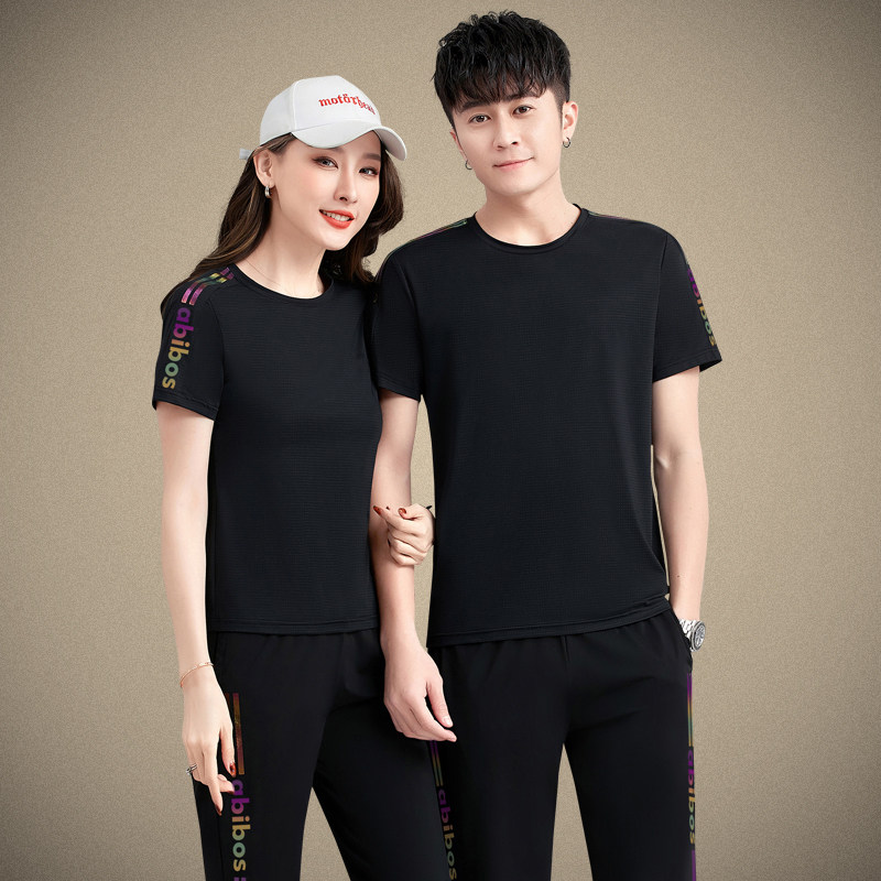 冰丝情侣运动套装夏季男女宽松薄款圆领短袖短裤跑步休闲服两件套