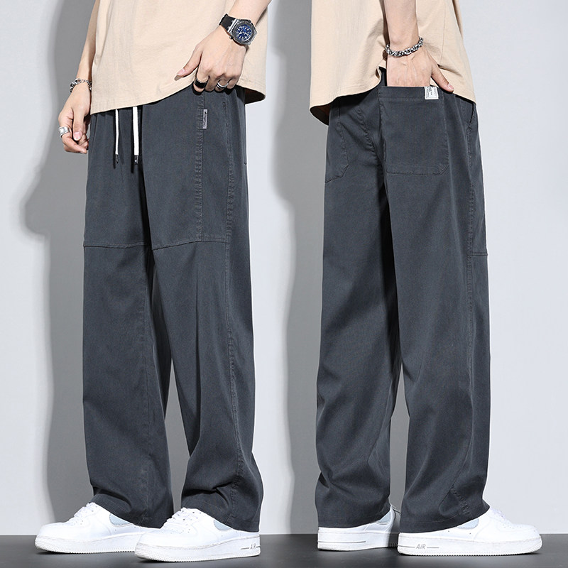 冰丝工装裤男士宽松直筒休闲夏季薄款美式军绿色垂感天丝牛仔裤子