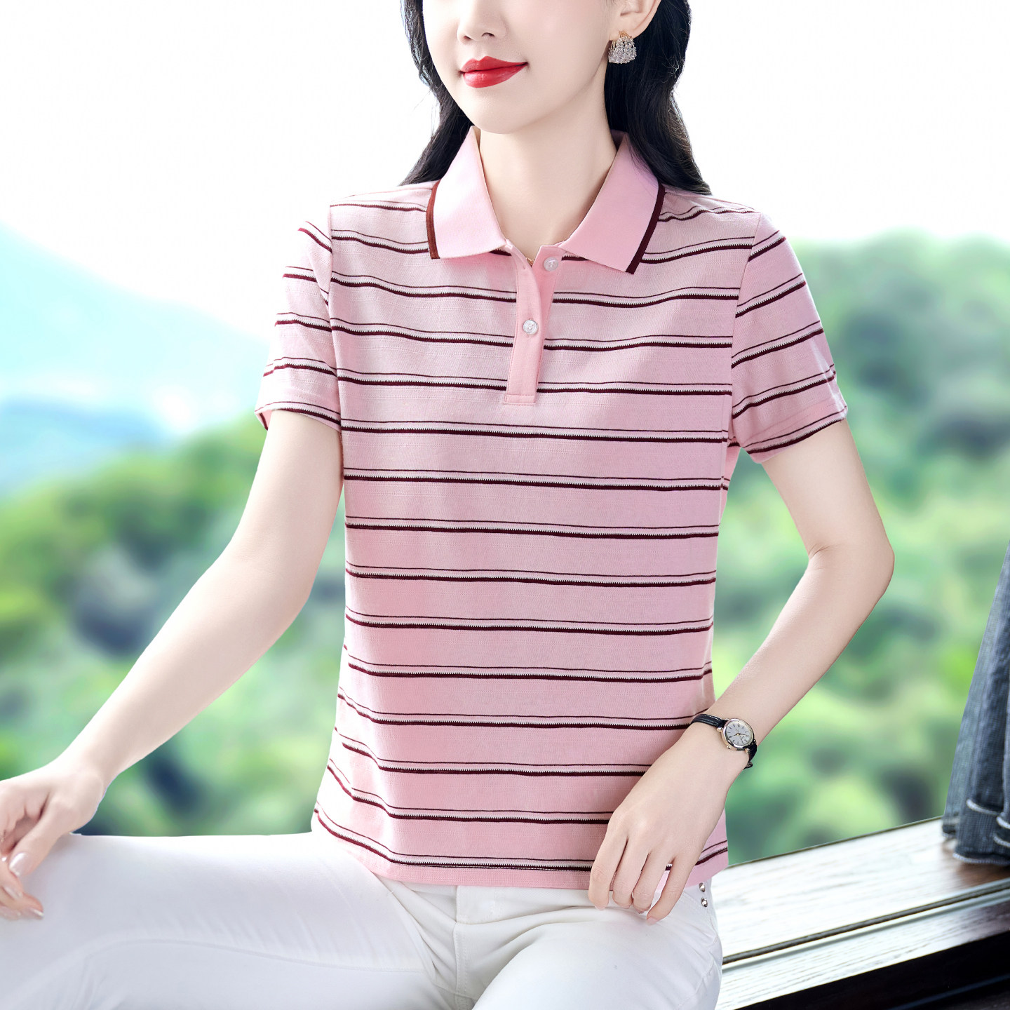 粉色中年妈妈夏装棉质短袖t恤女宽松条纹翻领上衣服洋气POLO衫